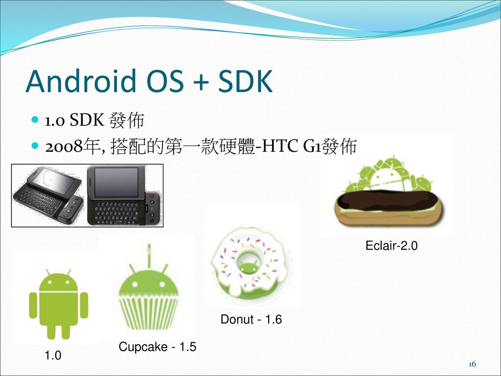 Android OS + SDK 1.0 SDK 發佈 2008年, 搭配的第一款硬體-HTC G1發佈 Eclair-2.0