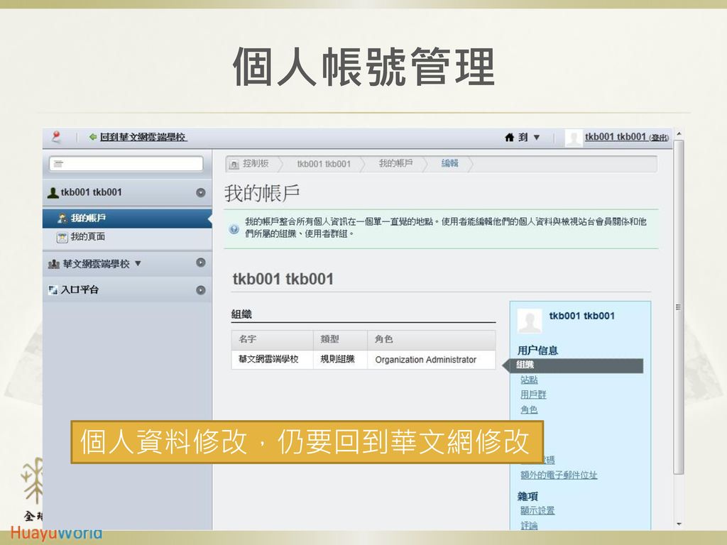 個人帳號管理 個人資料修改，仍要回到華文網修改