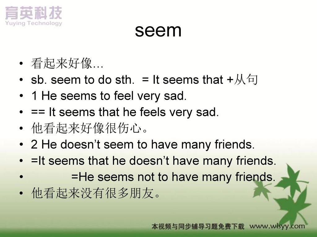 seem 看起来好像… sb. seem to do sth. = It seems that +从句