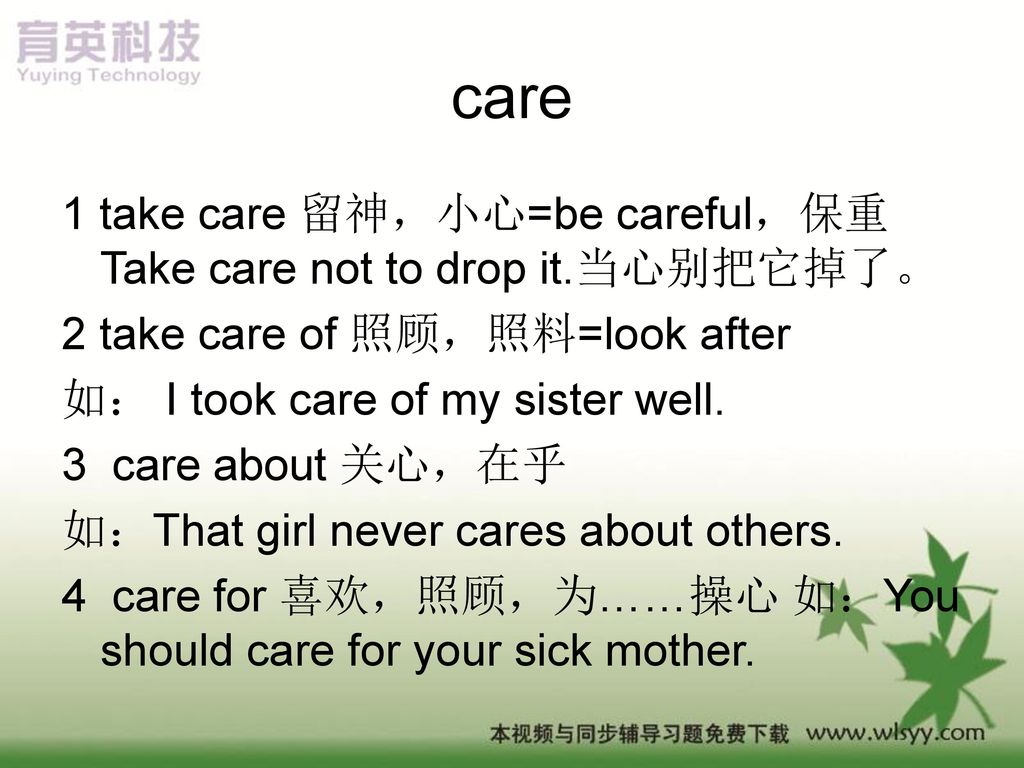 care 1 take care 留神，小心=be careful，保重 Take care not to drop it.当心别把它掉了。