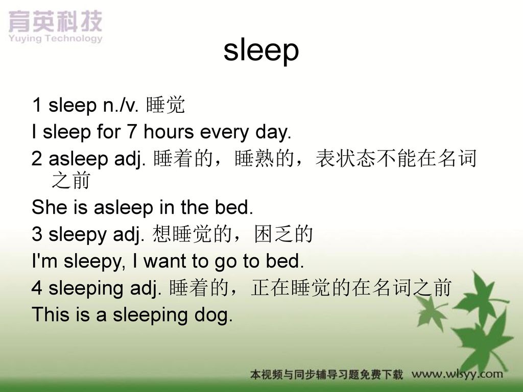 sleep 1 sleep n./v. 睡觉 I sleep for 7 hours every day.