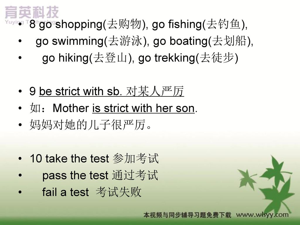 8 go shopping(去购物), go fishing(去钓鱼),