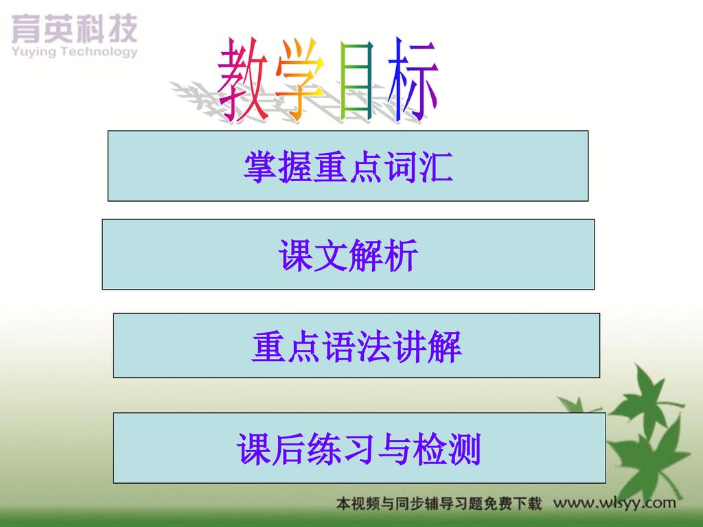 教学目标 掌握重点词汇 课文解析 重点语法讲解 课后练习与检测