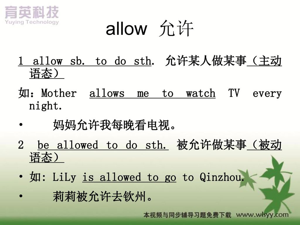 allow 允许 1 allow sb. to do sth. 允许某人做某事（主动语态）