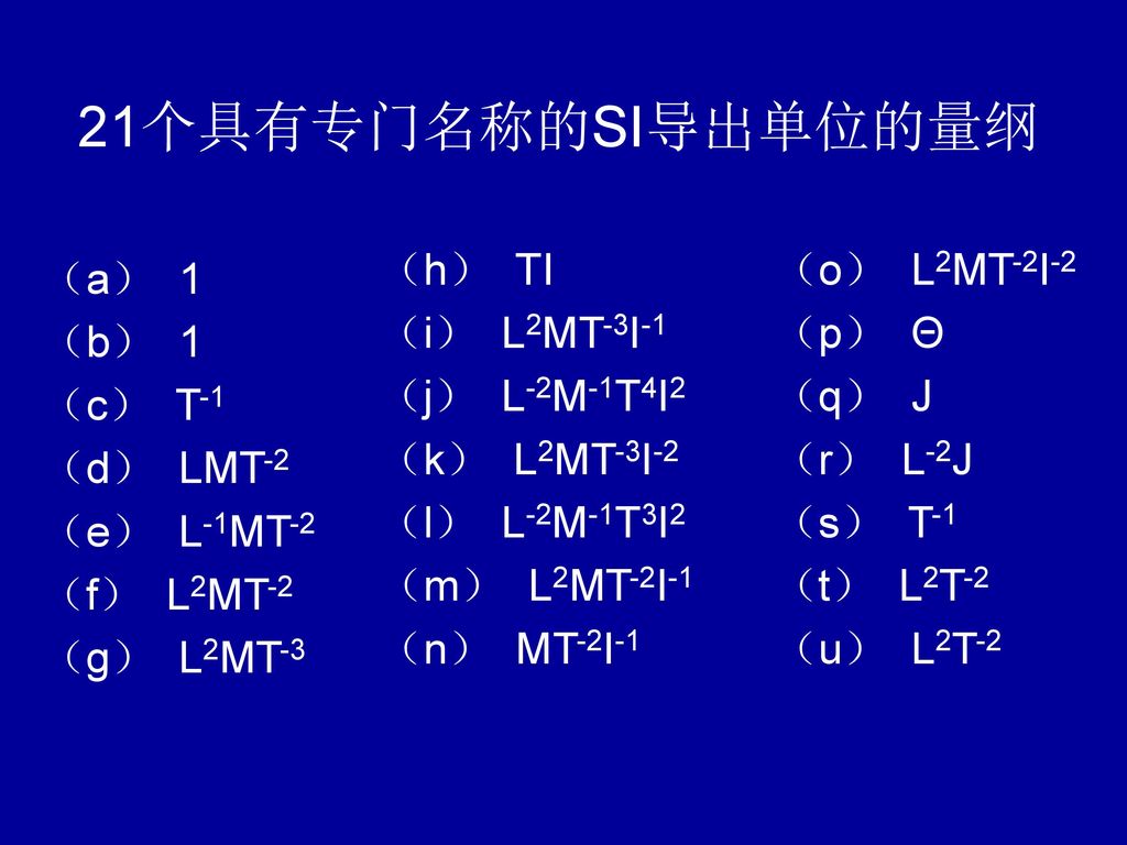 21个具有专门名称的SI导出单位的量纲 （h） TI （i） L2MT-3I-1 （j） L-2M-1T4I2 （k） L2MT-3I-2