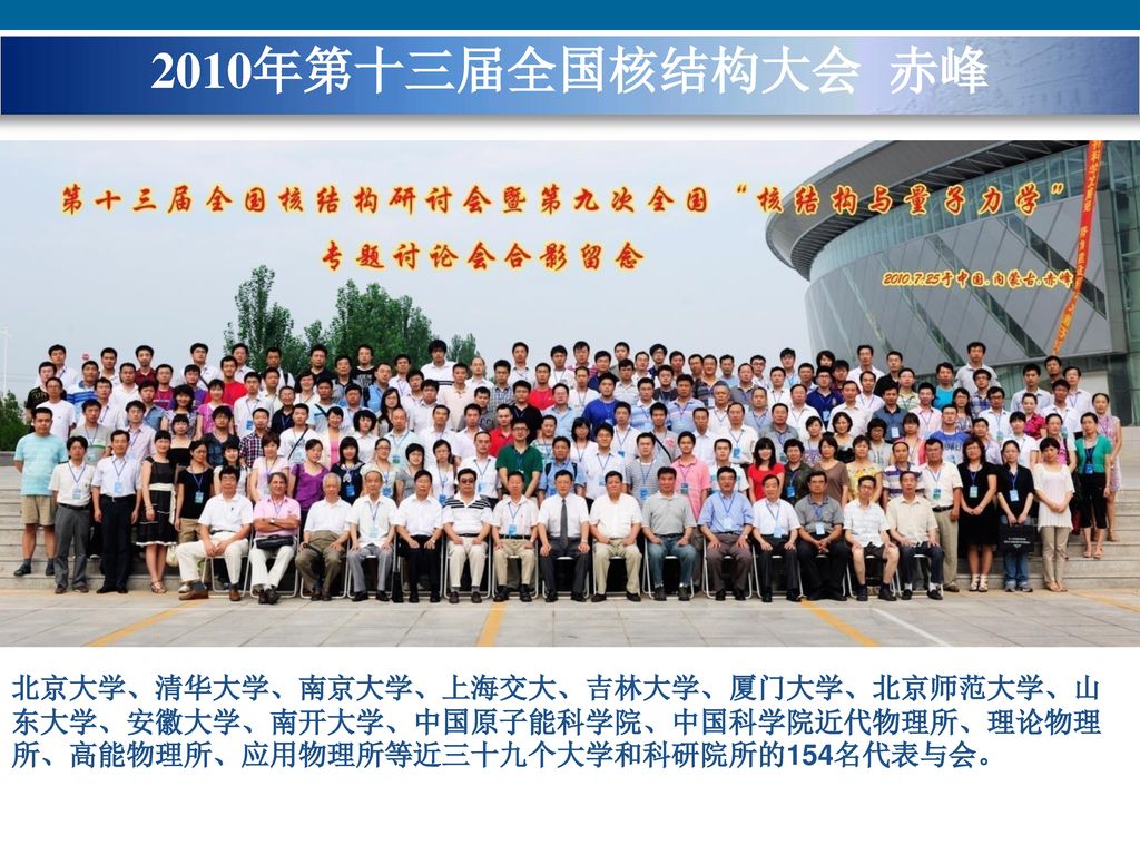 2010年第十三届全国核结构大会 赤峰 北京大学、清华大学、南京大学、上海交大、吉林大学、厦门大学、北京师范大学、山东大学、安徽大学、南开大学、中国原子能科学院、中国科学院近代物理所、理论物理所、高能物理所、应用物理所等近三十九个大学和科研院所的154名代表与会。