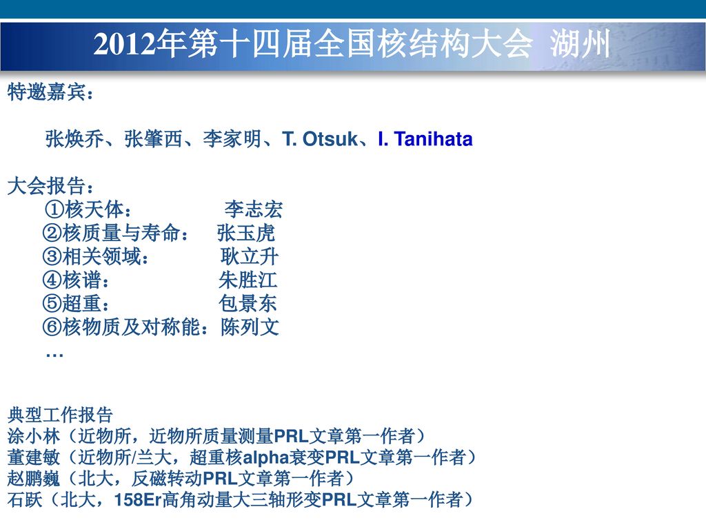 2012年第十四届全国核结构大会 湖州 特邀嘉宾： 张焕乔、张肇西、李家明、T. Otsuk、I. Tanihata 大会报告：
