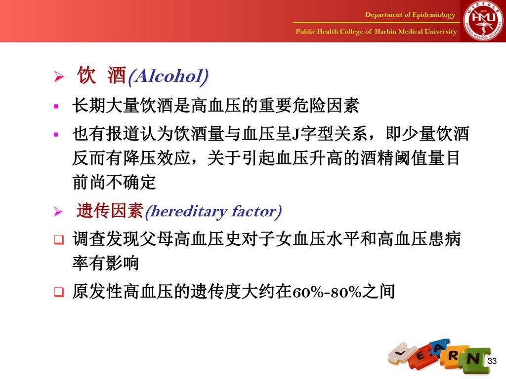 饮 酒(Alcohol) 长期大量饮酒是高血压的重要危险因素