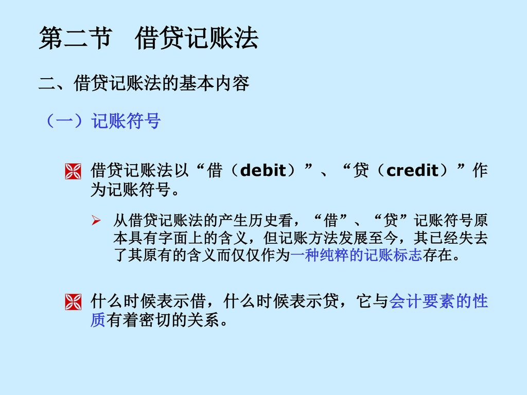第二节 借贷记账法 二、借贷记账法的基本内容 （一）记账符号 借贷记账法以 借（debit） 、 贷（credit） 作为记账符号。