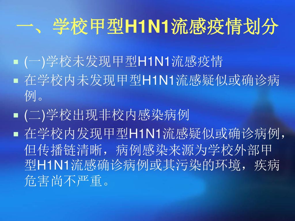 一、学校甲型H1N1流感疫情划分 (一)学校未发现甲型H1N1流感疫情 在学校内未发现甲型H1N1流感疑似或确诊病例。