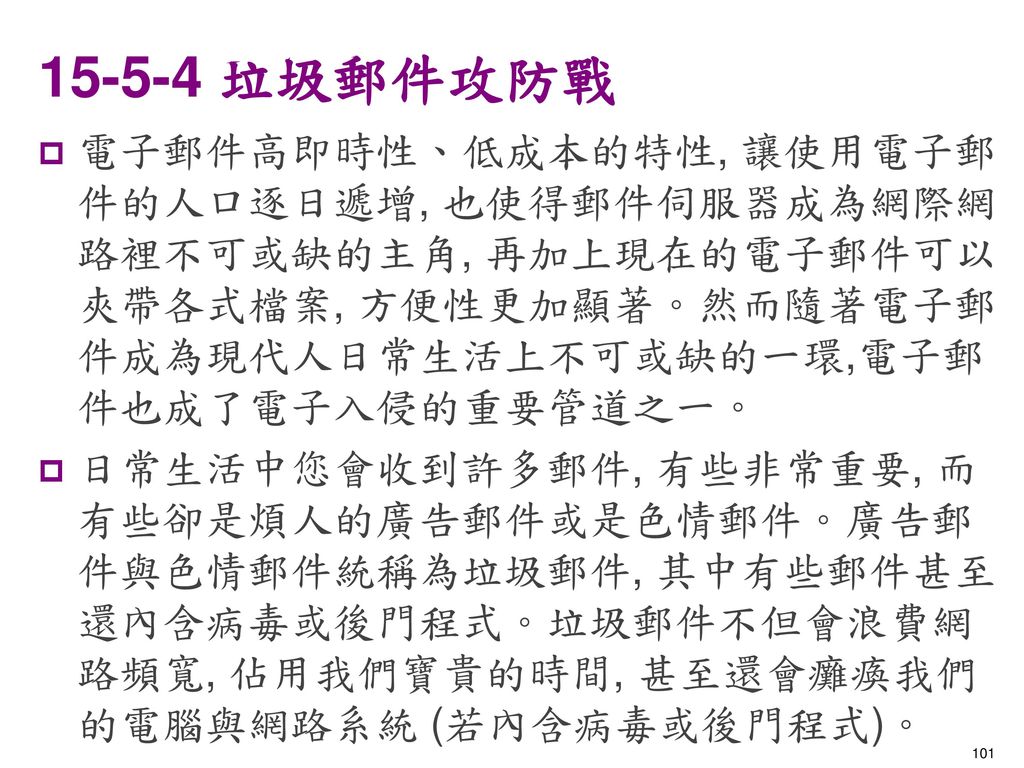 垃圾郵件攻防戰 電子郵件高即時性、低成本的特性, 讓使用電子郵件的人口逐日遞增, 也使得郵件伺服器成為網際網路裡不可或缺的主角, 再加上現在的電子郵件可以夾帶各式檔案, 方便性更加顯著。然而隨著電子郵件成為現代人日常生活上不可或缺的一環,電子郵件也成了電子入侵的重要管道之一。