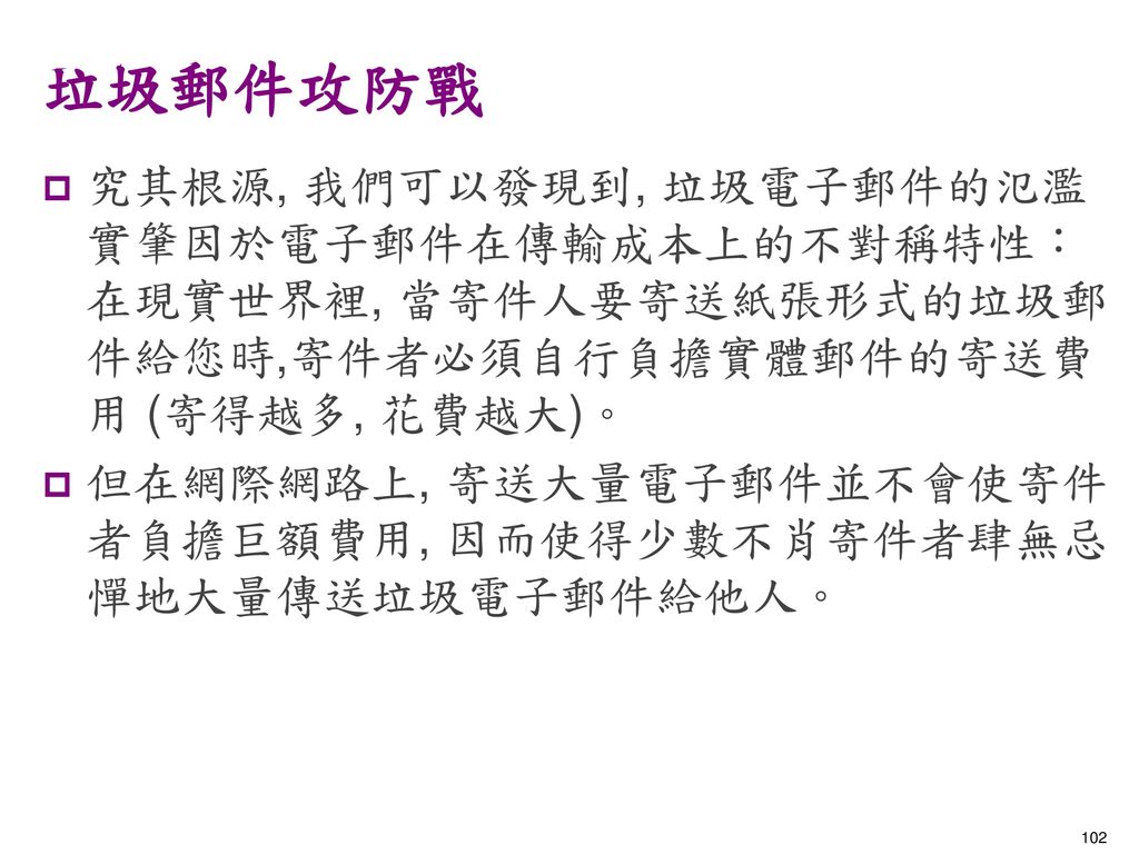 垃圾郵件攻防戰 究其根源, 我們可以發現到, 垃圾電子郵件的氾濫實肇因於電子郵件在傳輸成本上的不對稱特性：在現實世界裡, 當寄件人要寄送紙張形式的垃圾郵件給您時,寄件者必須自行負擔實體郵件的寄送費用 (寄得越多, 花費越大)。