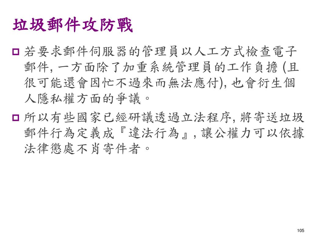 垃圾郵件攻防戰 若要求郵件伺服器的管理員以人工方式檢查電子郵件, 一方面除了加重系統管理員的工作負擔 (且很可能還會因忙不過來而無法應付), 也會衍生個人隱私權方面的爭議。 所以有些國家已經研議透過立法程序, 將寄送垃圾郵件行為定義成『違法行為』, 讓公權力可以依據法律懲處不肖寄件者。