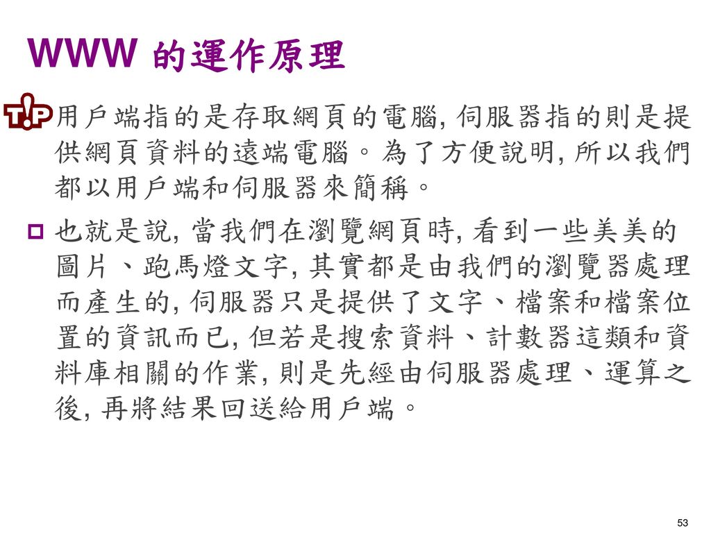 WWW 的運作原理 用戶端指的是存取網頁的電腦, 伺服器指的則是提供網頁資料的遠端電腦。為了方便說明, 所以我們都以用戶端和伺服器來簡稱。