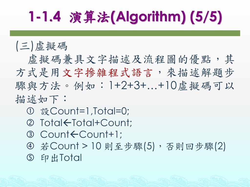 1-1.4 演算法(Algorithm) (5/5) (三)虛擬碼