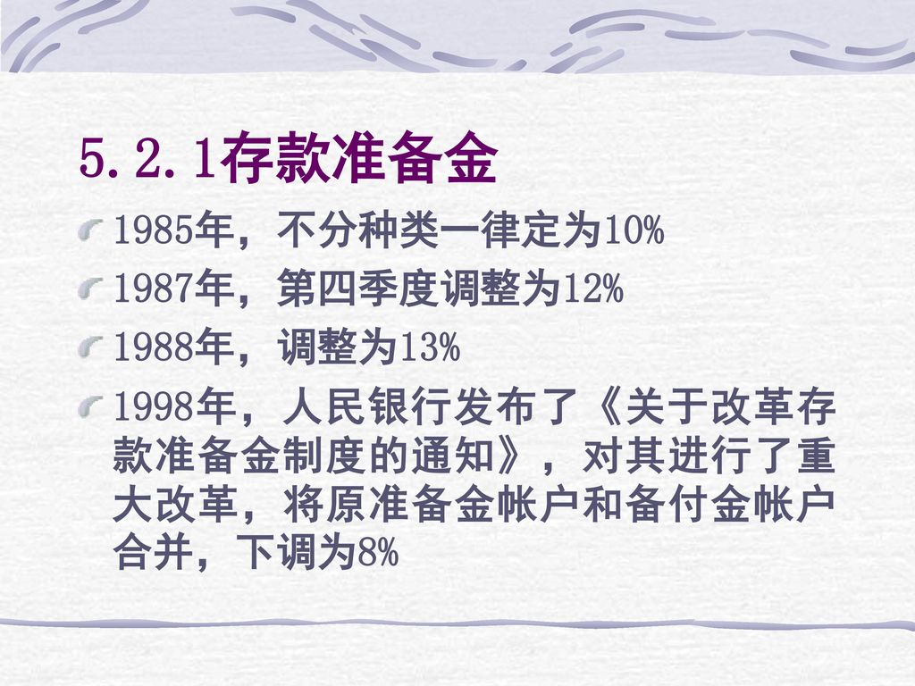5.2.1存款准备金 1985年，不分种类一律定为10% 1987年，第四季度调整为12% 1988年，调整为13%