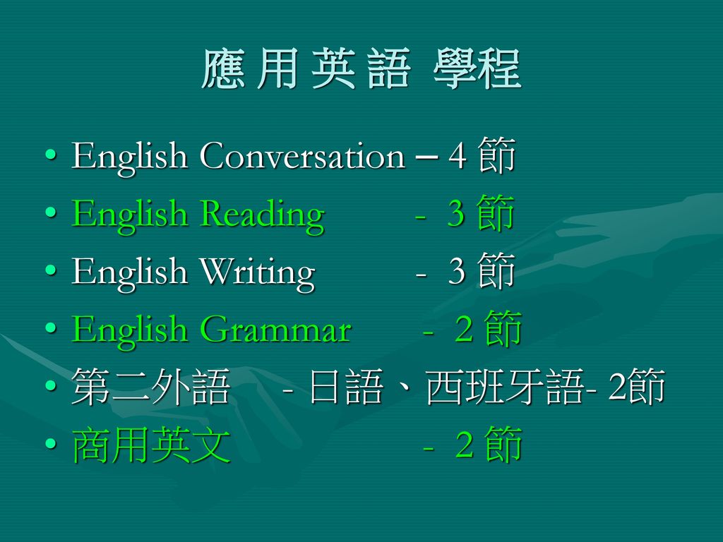 應 用 英 語 學程 English Conversation – 4 節 English Reading - 3 節