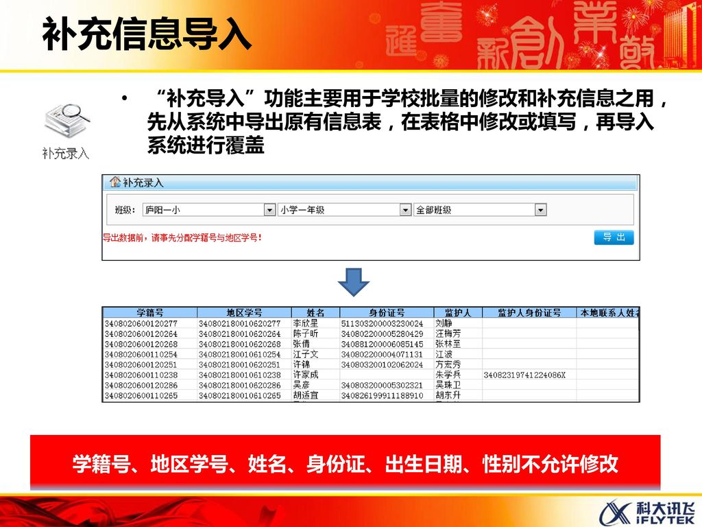 学籍号、地区学号、姓名、身份证、出生日期、性别不允许修改