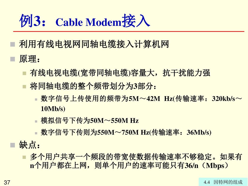 例3：Cable Modem接入 利用有线电视网同轴电缆接入计算机网 原理： 缺点： 有线电视电缆(宽带同轴电缆)容量大，抗干扰能力强