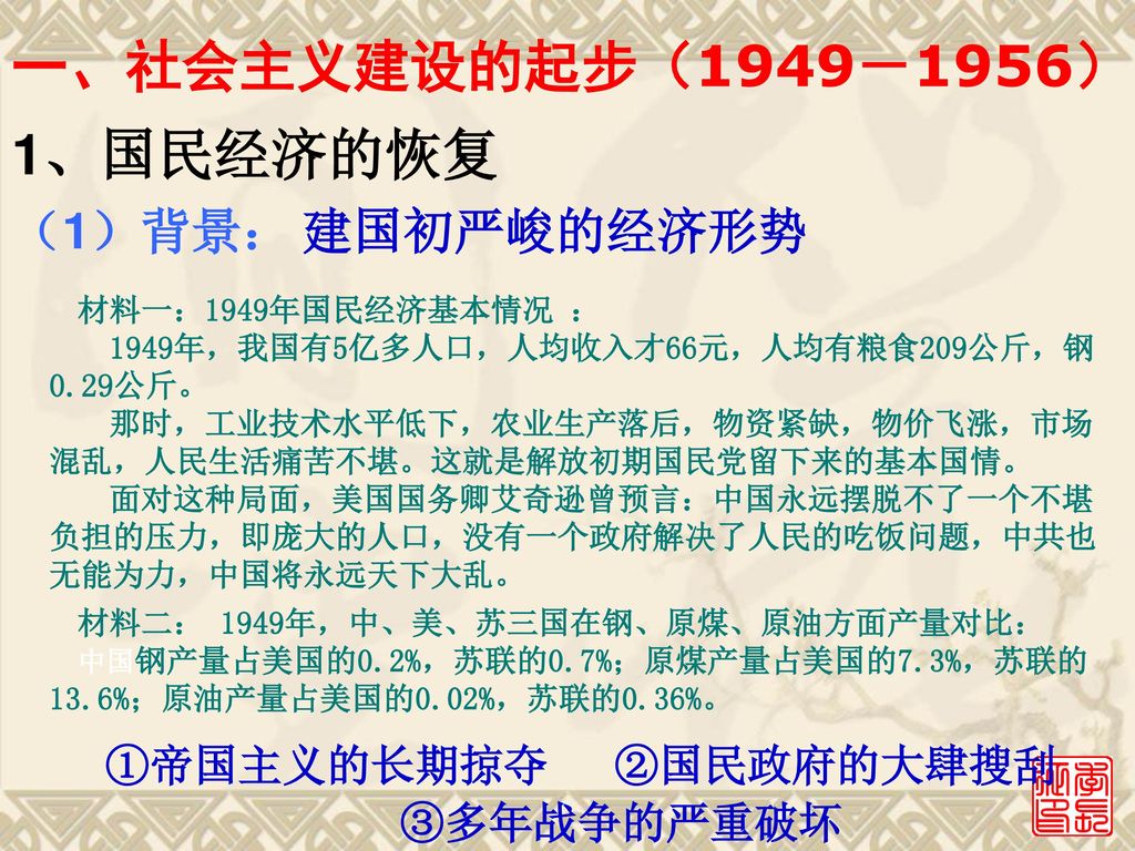 一、社会主义建设的起步（1949－1956） 1、国民经济的恢复 （1）背景： 建国初严峻的经济形势 ①帝国主义的长期掠夺