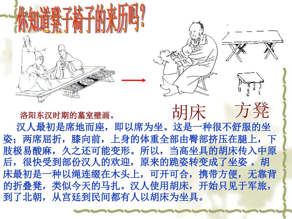 你知道凳子椅子的来历吗？ 方凳. 胡床. 洛阳东汉时期的墓室壁画。