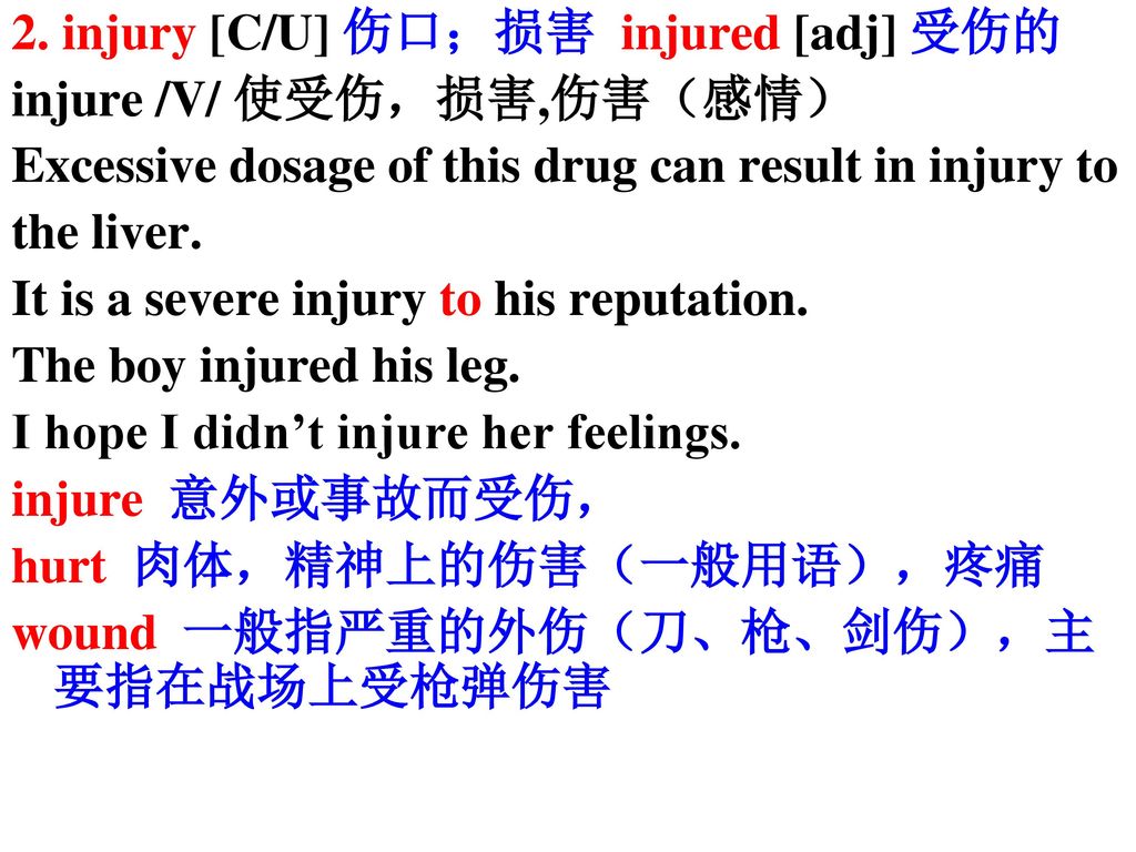 2. injury [C/U] 伤口；损害 injured [adj] 受伤的