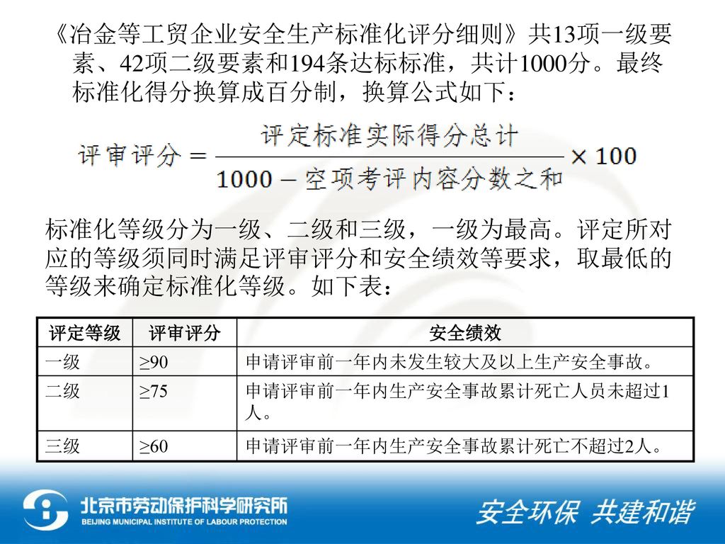 标准化等级分为一级、二级和三级，一级为最高。评定所对应的等级须同时满足评审评分和安全绩效等要求，取最低的等级来确定标准化等级。如下表：