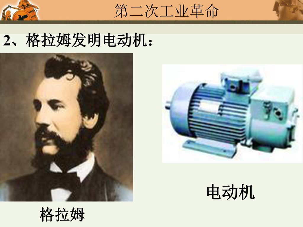 2、格拉姆发明电动机： 电动机 格拉姆