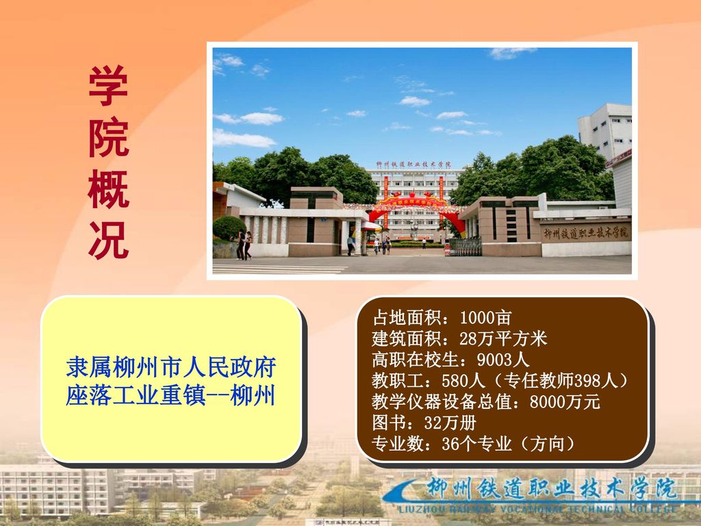 学 院 概 况 隶属柳州市人民政府 座落工业重镇--柳州 占地面积：1000亩 建筑面积：28万平方米 高职在校生：9003人