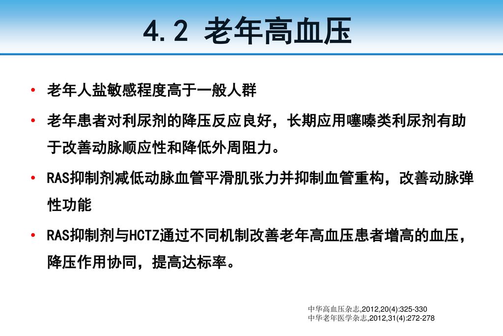 4.2 老年高血压 老年人盐敏感程度高于一般人群 老年患者对利尿剂的降压反应良好，长期应用噻嗪类利尿剂有助于改善动脉顺应性和降低外周阻力。