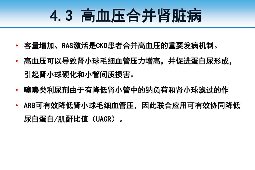 4.3 高血压合并肾脏病 容量增加、RAS激活是CKD患者合并高血压的重要发病机制。