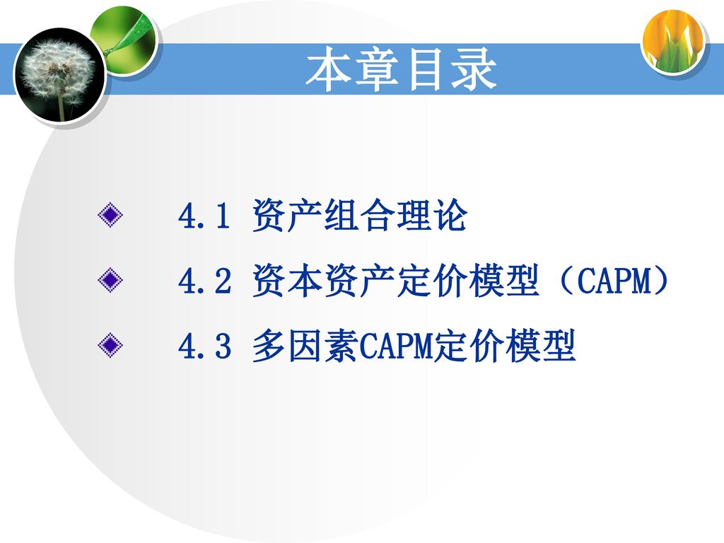 本章目录 4.1 资产组合理论 4.2 资本资产定价模型（CAPM） 4.3 多因素CAPM定价模型