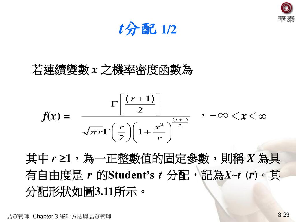 t分配 1/2 若連續變數 x 之機率密度函數為 f(x) = ，-∞＜x＜∞