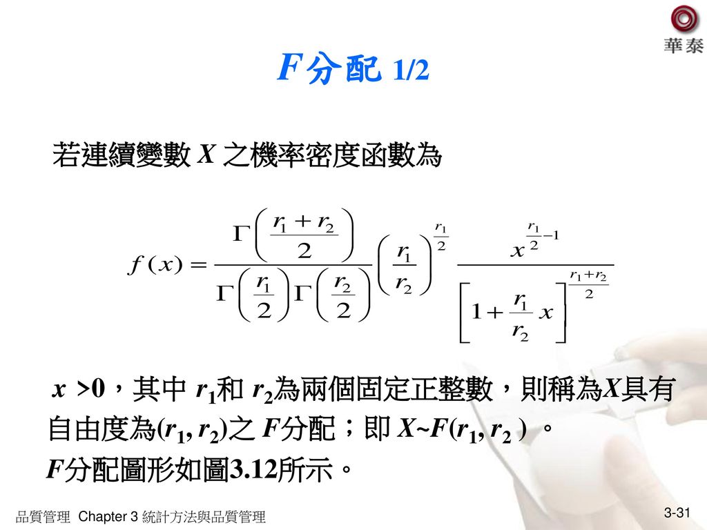 F分配 1/2 若連續變數 X 之機率密度函數為. x >0，其中 r1和 r2為兩個固定正整數，則稱為X具有自由度為(r1, r2)之 F分配；即 X~F(r1, r2 ) 。 F分配圖形如圖3.12所示。