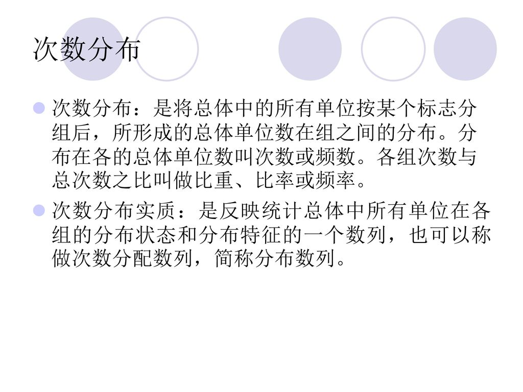 次数分布 次数分布：是将总体中的所有单位按某个标志分组后，所形成的总体单位数在组之间的分布。分布在各的总体单位数叫次数或频数。各组次数与总次数之比叫做比重、比率或频率。 次数分布实质：是反映统计总体中所有单位在各组的分布状态和分布特征的一个数列，也可以称做次数分配数列，简称分布数列。