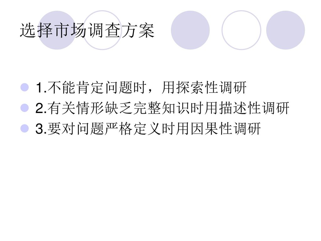 选择市场调查方案 1.不能肯定问题时，用探索性调研 2.有关情形缺乏完整知识时用描述性调研 3.要对问题严格定义时用因果性调研