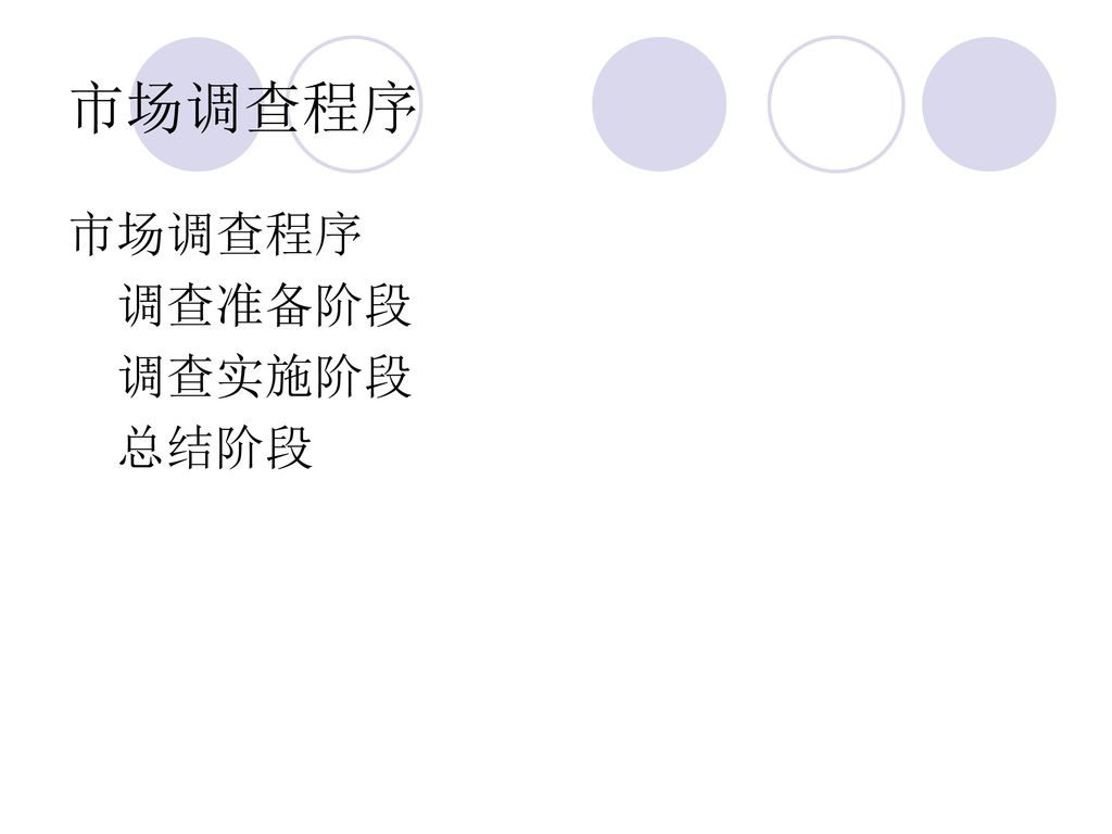 市场调查程序 市场调查程序 调查准备阶段 调查实施阶段 总结阶段