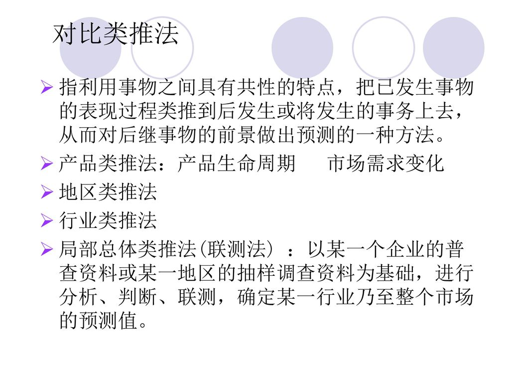 对比类推法 指利用事物之间具有共性的特点，把已发生事物的表现过程类推到后发生或将发生的事务上去，从而对后继事物的前景做出预测的一种方法。