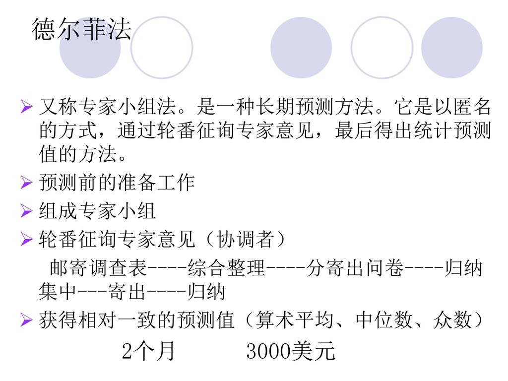 德尔菲法 2个月 3000美元 又称专家小组法。是一种长期预测方法。它是以匿名的方式，通过轮番征询专家意见，最后得出统计预测值的方法。