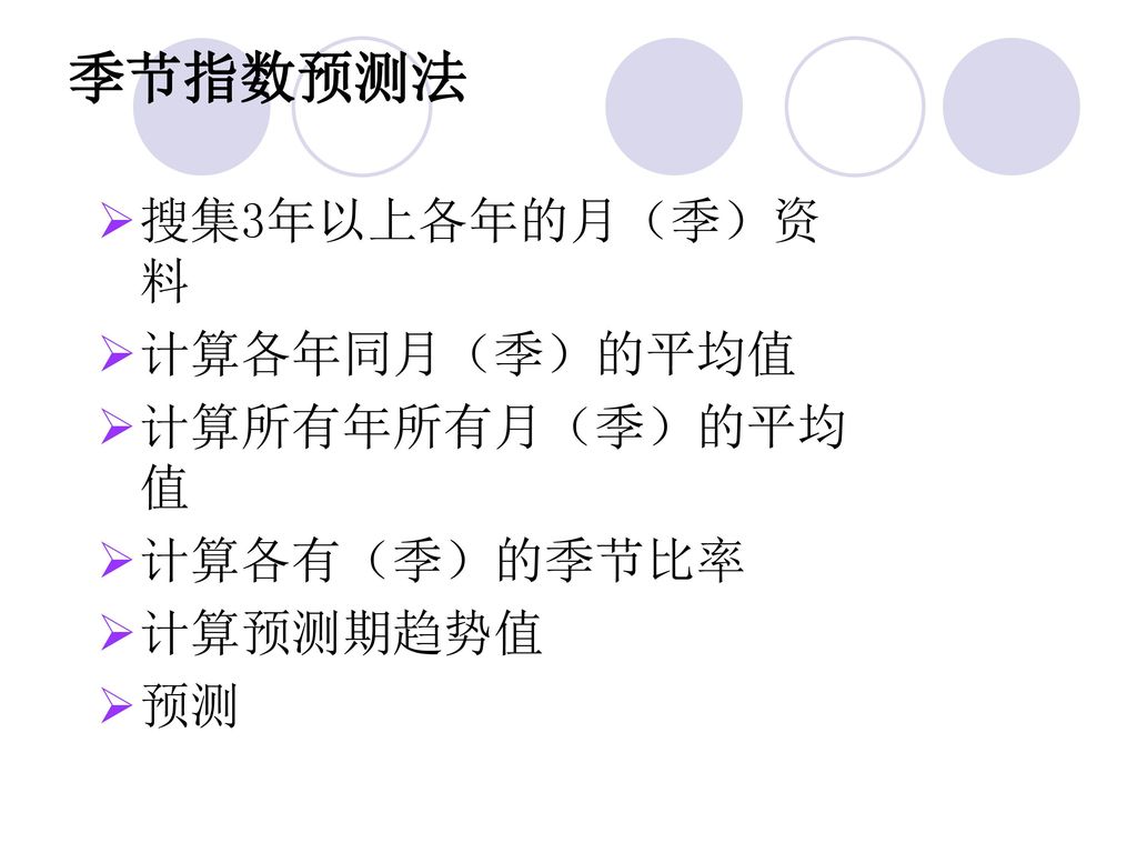 季节指数预测法 搜集3年以上各年的月（季）资料 计算各年同月（季）的平均值 计算所有年所有月（季）的平均值 计算各有（季）的季节比率