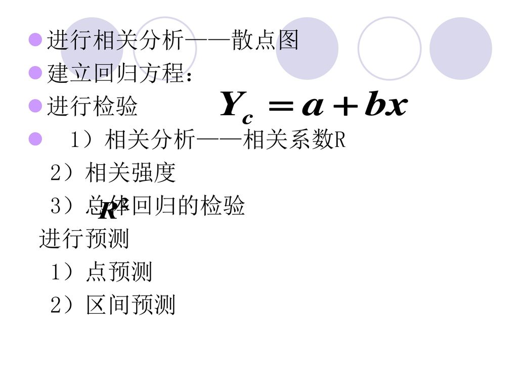 进行相关分析——散点图 建立回归方程： 进行检验 1）相关分析——相关系数R 2）相关强度 3）总体回归的检验 进行预测 1）点预测 2）区间预测