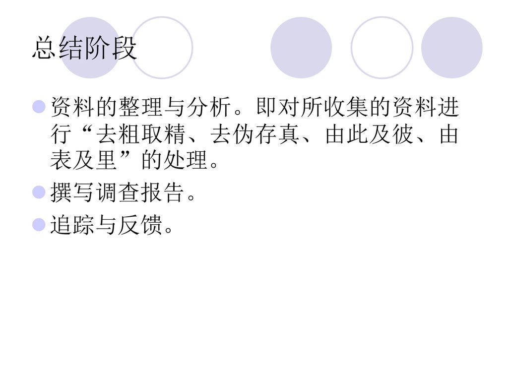 总结阶段 资料的整理与分析。即对所收集的资料进行 去粗取精、去伪存真、由此及彼、由表及里 的处理。 撰写调查报告。 追踪与反馈。