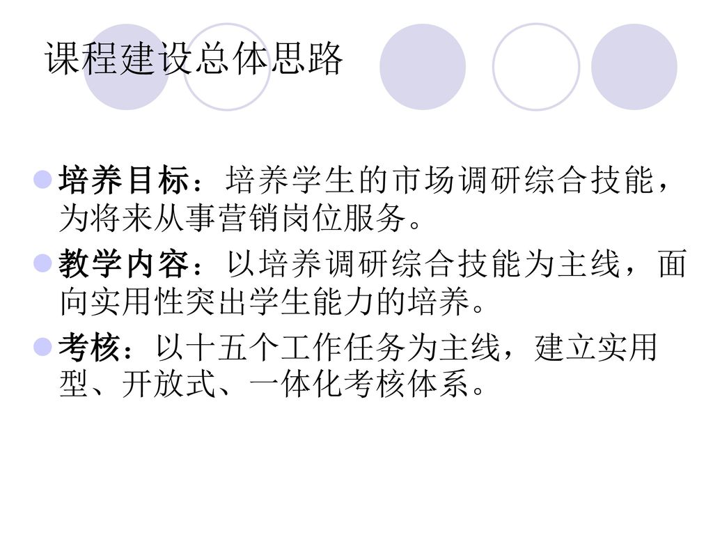 课程建设总体思路 培养目标：培养学生的市场调研综合技能，为将来从事营销岗位服务。