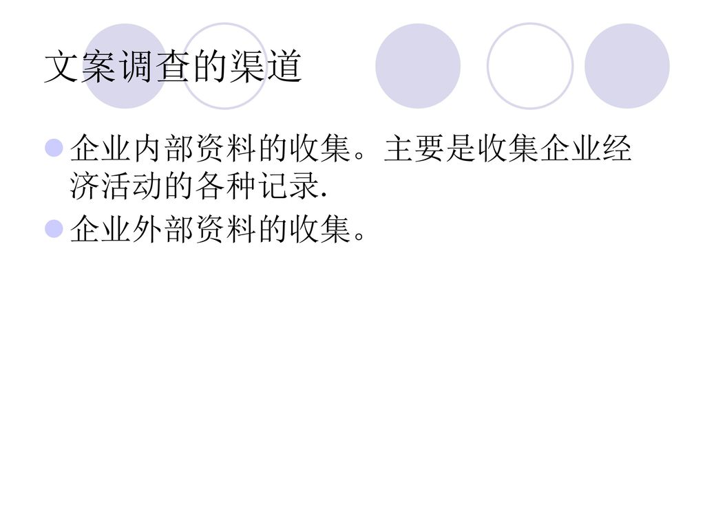 文案调查的渠道 企业内部资料的收集。主要是收集企业经济活动的各种记录. 企业外部资料的收集。