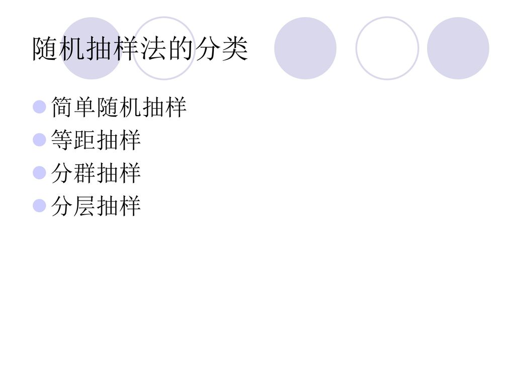 随机抽样法的分类 简单随机抽样 等距抽样 分群抽样 分层抽样