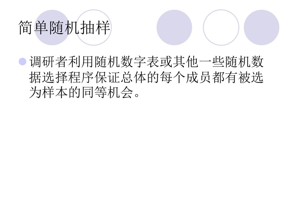 简单随机抽样 调研者利用随机数字表或其他一些随机数据选择程序保证总体的每个成员都有被选为样本的同等机会。