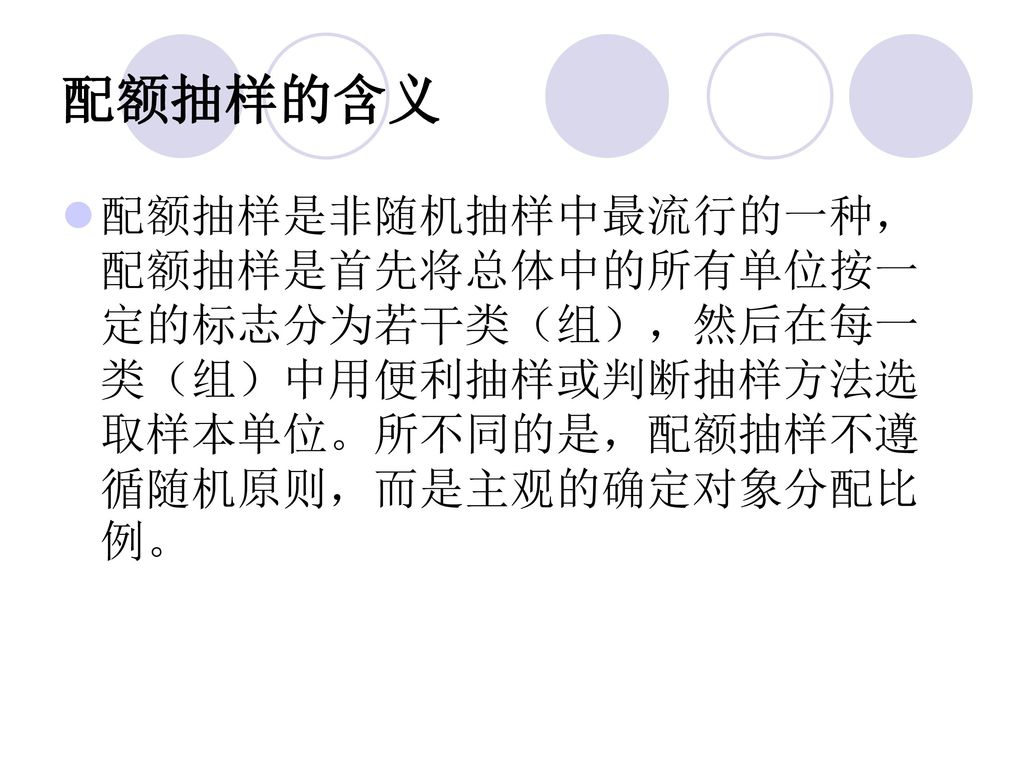 配额抽样的含义 配额抽样是非随机抽样中最流行的一种，配额抽样是首先将总体中的所有单位按一定的标志分为若干类（组），然后在每一类（组）中用便利抽样或判断抽样方法选取样本单位。所不同的是，配额抽样不遵循随机原则，而是主观的确定对象分配比例。