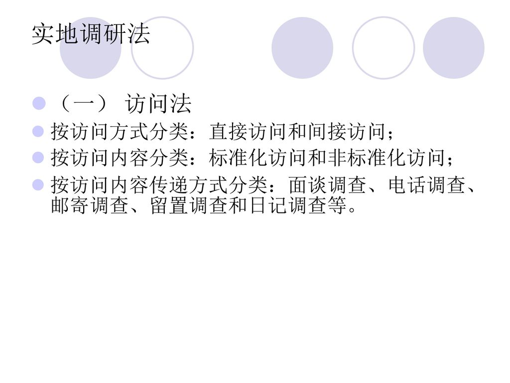 实地调研法 （一） 访问法 按访问方式分类：直接访问和间接访问； 按访问内容分类：标准化访问和非标准化访问；