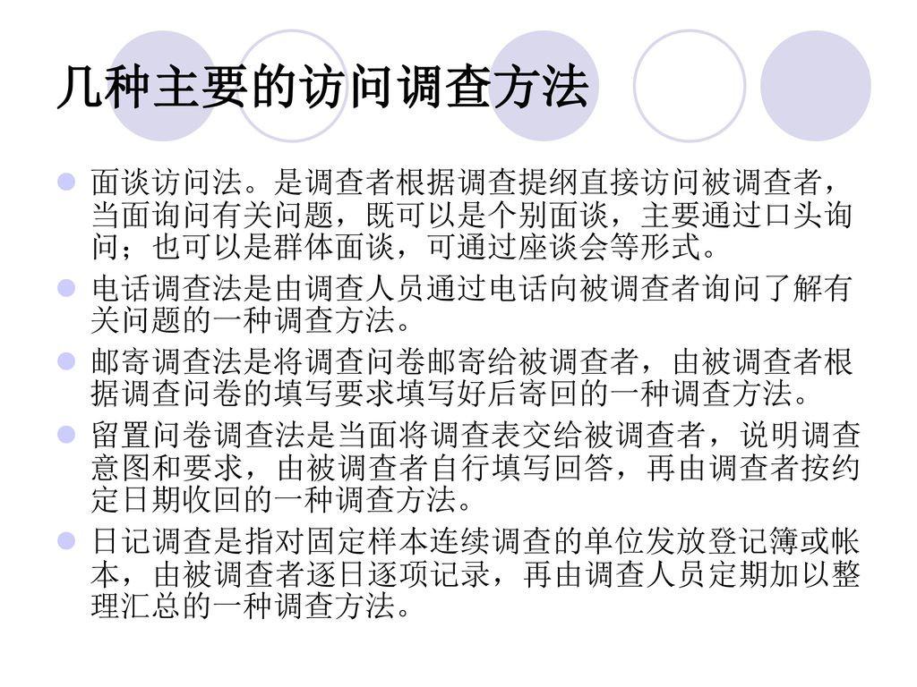 几种主要的访问调查方法 面谈访问法。是调查者根据调查提纲直接访问被调查者，当面询问有关问题，既可以是个别面谈，主要通过口头询问；也可以是群体面谈，可通过座谈会等形式。 电话调查法是由调查人员通过电话向被调查者询问了解有关问题的一种调查方法。