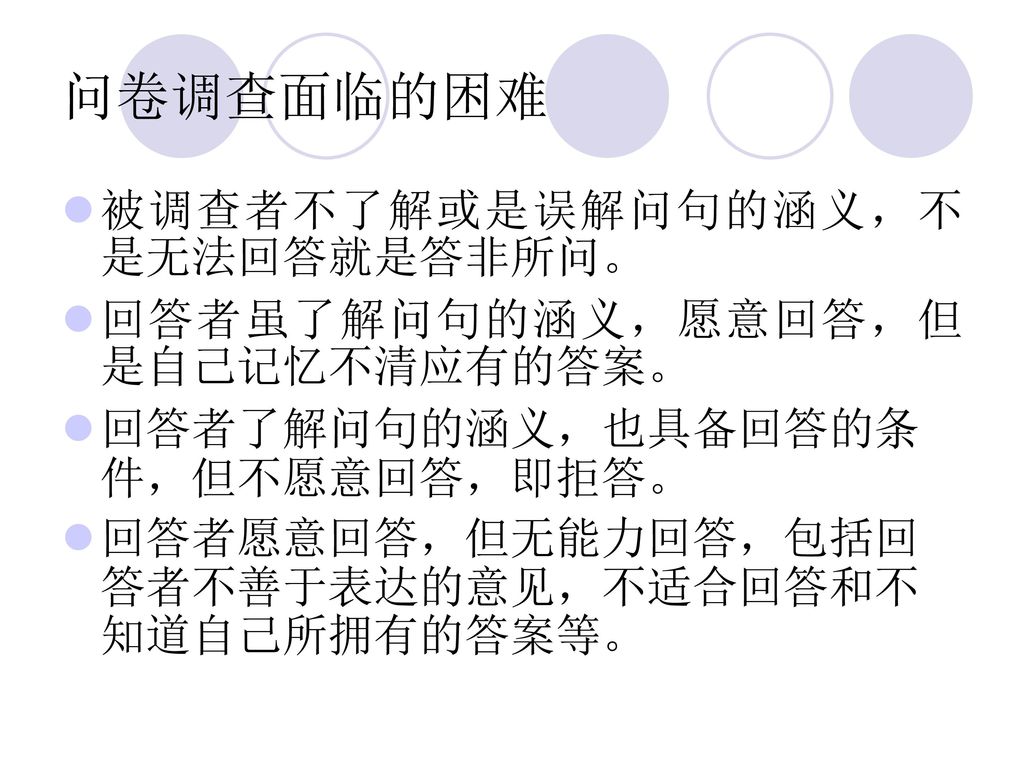 问卷调查面临的困难 被调查者不了解或是误解问句的涵义，不是无法回答就是答非所问。